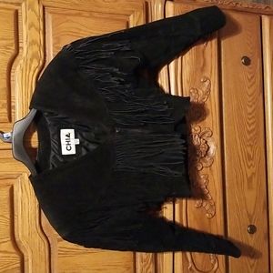 Black leather fringed jacket